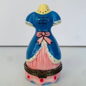 Vintage Hinged Porcelain Victorian Dress Form Trinket Box Pink Blue